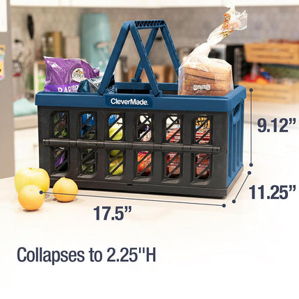 Paniers de courses réutilisables en plastique pliable CleverMade de 16 L ; Petites caisses de rangement pliables avec poignées, paquet de 3, 39,1 cm (P) x 25,9 cm (L) x 20,8 cm (H), Anthracite