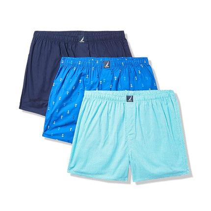 Nautica Men's Classic Cotton 3-Pack Woven Boxer Shorts, Peacoat/Houndstooth-Scuba Blue/Anchor Print, M