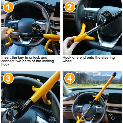 Tevlaphee Steering Wheel Lock, Steering Lock, Heavy Duty Anti-Theft Device, High Visibility, Universal Fit for Cars, Vans, SUV, 3 Keys (Yellow)