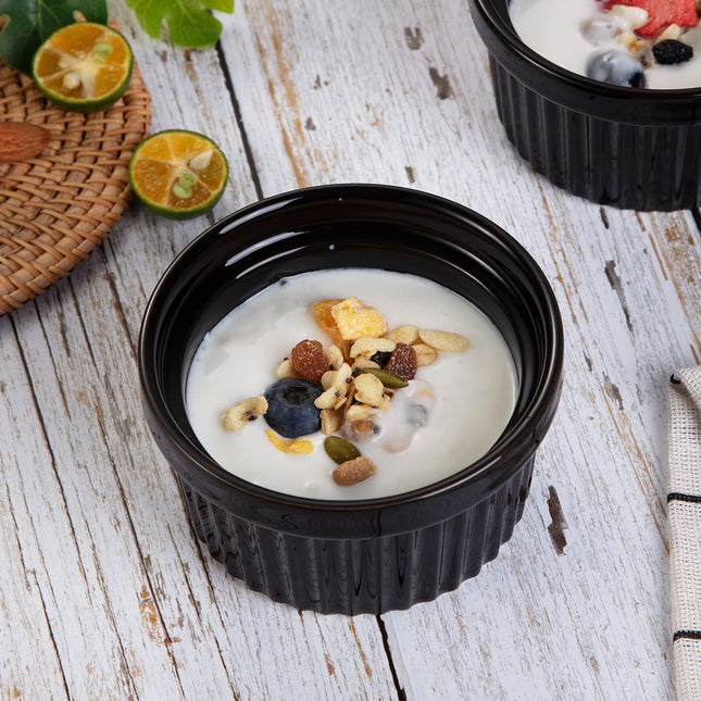 Garvee 8 Oz Set of 8 Ceramic Ramekins, Porcelain Creme Brulee Souffle Ramekins for Baking, Pudding Custard Cups, Dipping Sauces, Dishwasher and Oven Safe, Black