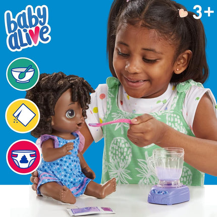 Baby Alive Magical Mixer Baby Doll Blueberry Blast with Blender Accessories, Drinks, Wets, Eats, Black Hair Toy for Children Aged 3 and Up
