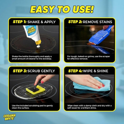 Cerama Bryte Combo Kit POW-R Grip, Scraper, Pad & Removes Tough Stains Cooktop and Stove Top Cleaner for Glass - Ceramic Surfaces, 10 Ounces, 4 Piece