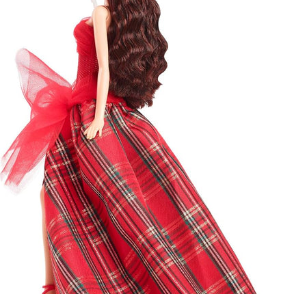 Barbie 2024 Holiday Dolls, Seasonal Collector Gift, Signature, Plaid Gown with Red Bow, Displayable Packaging, Dark Brown Hair
