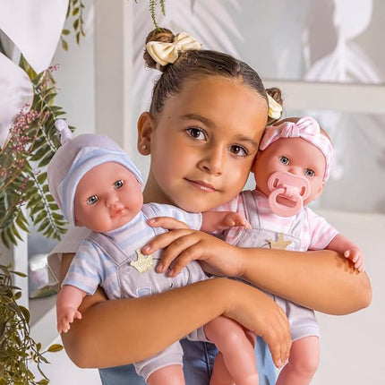 Berenguer Grey overall shorts with pink stripes, headband and booties.