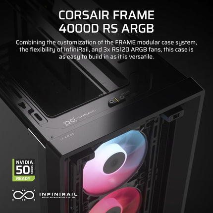 CORSAIR FRAME 4000D RS ARGB Modular Mid-Tower ATX PC Case – High Airflow, 3x Pre-Installed RS ARGB Fans, InfiniRail™ Fan Mounting System, ASUS BTF, MSI Project Zero, Gigabyte Project Stealth – Black