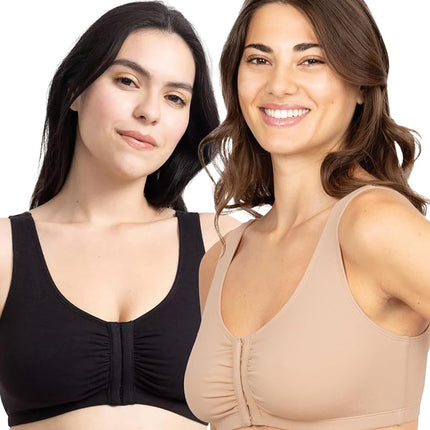 Fruit of the Loom Women's Front Close Sports Bra, Sand/Black 2-Pack, 34 (Pack of 2)
