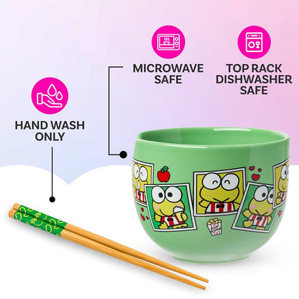 Silver Buffalo Sanrio Hello Kitty and Friends Keroppi Polaroids Ceramic Ramen Noodle Rice Bowl with Chopsticks, Microwave Safe, 20 Ounces