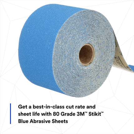 3M Stikit Blue Abrasive Sheet Roll, 36217, No Hole, 2.75 in x 20 yd, 80+ Grade, Automotive Sanding Roll Sandpaper for Coating Removal, Body Repair, Auto Sanding