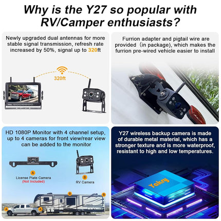 Wireless Reverse Camera System with 7" IPS Monitor, 1080P HD Backup Camera for RV, Caravan, Trailer & Truck, Up to 4 Cameras, Long Range Signal, Night Vision, IP69 Waterproof
