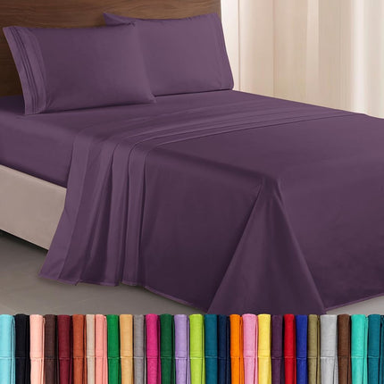 Elegant Comfort Luxurious 1500 Premium Hotel Quality Microfiber Three Line Embroidered Softest 4-Piece Bed Sheet Set, Wrinkle and Fade Resistant, Twin/Twin XL, Eggplant-Purple