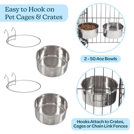 Set of 2 Stainless-Steel Dog Bowls - Cage, Kennel, and Crate Hanging Pet Bowls for Food and Water - 50.4oz Each and Dishwasher Safe by PETMAKER