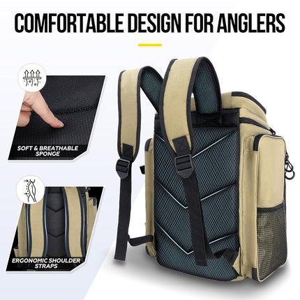 PLUSINNO Fishing Backpack with Rod Holders, 42L Large Water-Resistant Fishing Tackle Bag Store Fishing Gear for Fishing, Camping, Hiking, Fishing Gifts for Men Father, Khaki