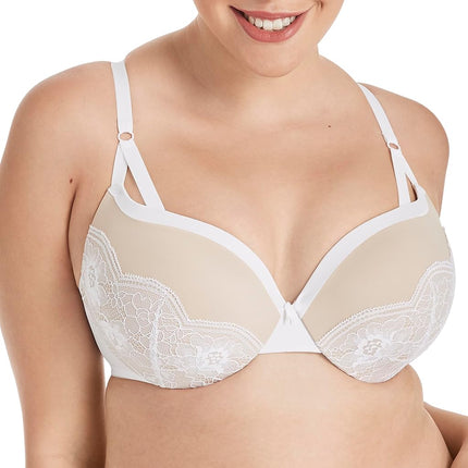 Maidenform Underwire Demi Bra, Best Push-Up Bra with Wonderbra Technology, Smoothing Lace-Trim Bra with Push-Up Cups, White/Paris Nude Strappy Lace, 32B