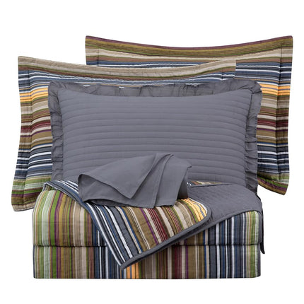 Chezmoi Collection Avery Striped Cotton Quilt Set Daybed Size, 5-Piece Soft Pre-Washed 100% Cotton Quilt, Multi-Color Green