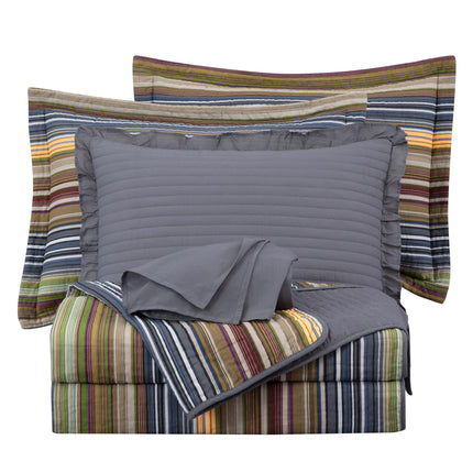 Chezmoi Collection Avery Striped Cotton Quilt Set Daybed Size, 5-Piece Soft Pre-Washed 100% Cotton Quilt, Multi-Color Green