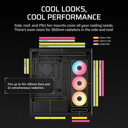CORSAIR 3500X RS-R ARGB Panoramic Mid-Tower PC Case – 3x Pre-Installed RS120-R ARGB Fans, GPU Anti-Sag Arm, Fits up to 10x 120mm Fans, Reverse Connection Motherboard Compatible – Black