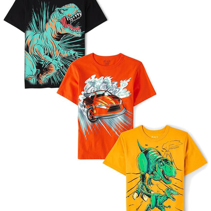 The Children's Place Boys' Dino Short Sleeve Graphic T-Shirts, Multipack, Dino/Dinos Run/Red Car, X-Small