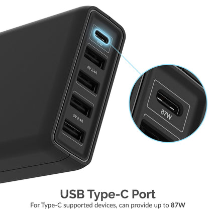 SABRENT 114W Estación de Carga Inteligente de 5 Puertos USB A y USB Tipo C PD (AX-LPD5)