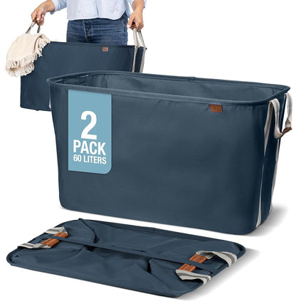 CleverMade Collapsible Fabric Laundry Basket LUXE 2PK - Foldable Pop Up Storage Organizer - Space Saving Hamper with Carry Handles, Navy Noir/Cream, One Size