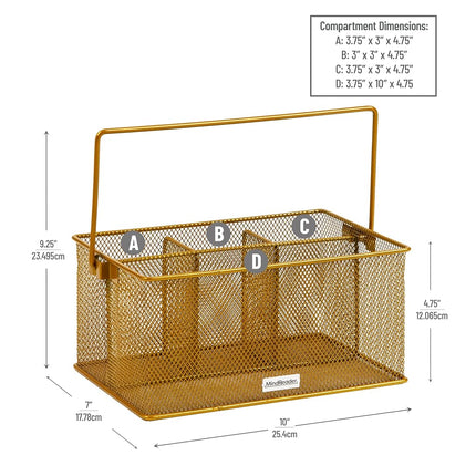 Mind Reader Metal Mesh Basket with Handle, Storage Basket Organizer, Utensil Holder, Forks, Spoons, Knives, Napkins, Perfect for Desk Supplies, Pencils, Pens, Staples, Gold