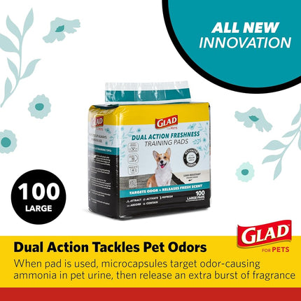 Glad for Pets Dual Action Freshness Activated Carbon Puppy Training Pads with Fragrance Release, Scented Pee Pads, Ultra Absorbent, Odor Control. 23"x23" 100ct