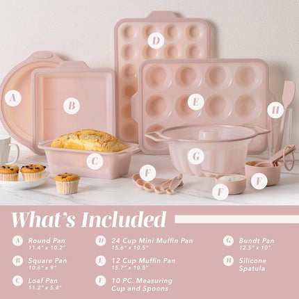 Cook with Color 17 Pc. Silicone Baking Pan Set - Non-Stick & Easy Clean Silicone Muffin Pans for Baking with Sturdy Metal Frame for Stability, Flexible Cake Molds, Includes Measuring Cups and Spoons