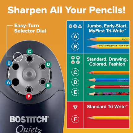 Taille-crayon électrique Bostitch Office QuietSharp 6, taille-crayon robuste pour la salle de classe, sélecteur de taille avec 6 tailles différentes, parfait pour la salle de classe et l'école à la maison, noir