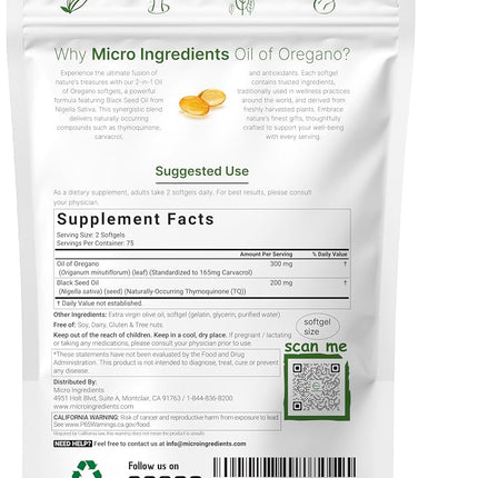 Micro Ingredients Oil of Oregano Softgels | 2 in 1 Formulated with Black Seed Oil 200mg, 4X Strength Carvacrol & Thymoquinone | Plant Based, Non-GMO & Immune Support