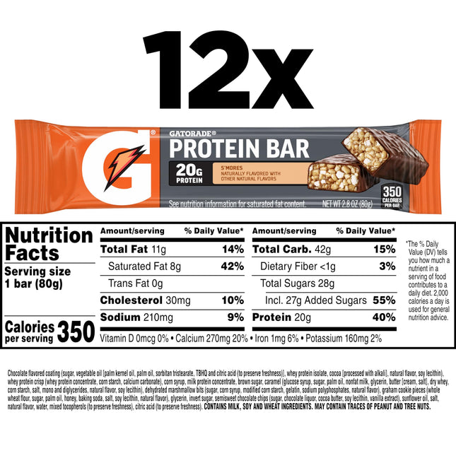 Barres protéinées au lactosérum Gatorade Recover, S'Mores, 80g (Paquet de 12)