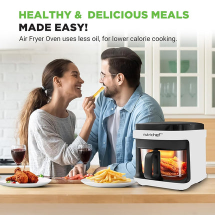 Nutrichef 5.5L Air Fryer with Transparent Glass Basket & Visible Cooking Window, 8 in 1 Preset Cook Modes, Precise Temperature Control & Timer, Easy Clean Dishwasher Safe, White