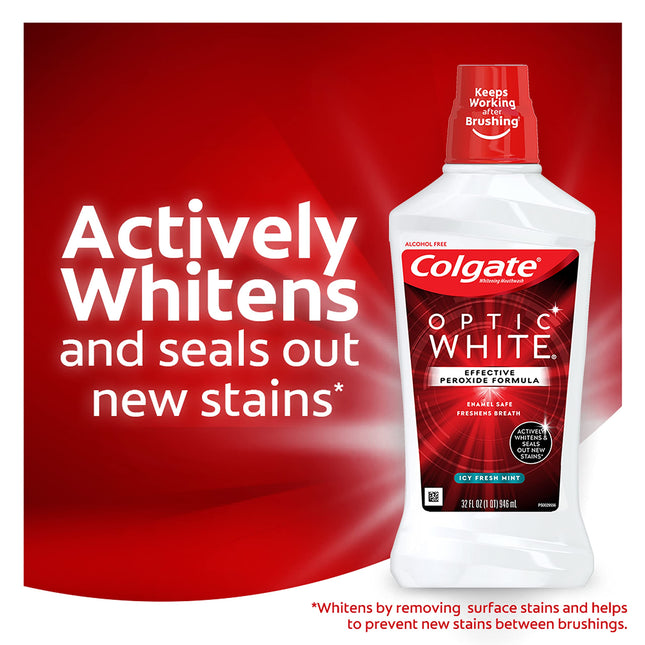 Colgate Optic White Whitening Mouthwash, Fresh Mint - 946mL, 32 fluid ounce (3 pack)