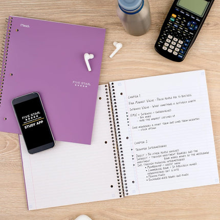 Five Star Spiral Notebook + Study App, 4 Pack, 1 Subject, College Ruled Paper, 8-1/2" x 11", 100 Sheets, Fights Ink Bleed, Water Resistant Cover, Amethyst Purple, Raspberry Pink, White and Seaglass