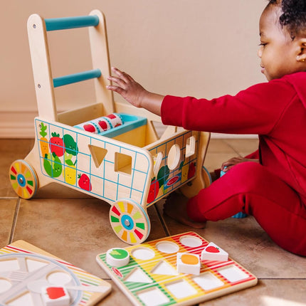 Melissa & Doug Wooden Shape Sorting Grocery Cart Push Toy and Puzzles | Shape Sorter | Wooden toy for Children | Developmental Toy for Toddlers | 0+ | Gift for Baby Boys or Baby Girls - FSC Certified