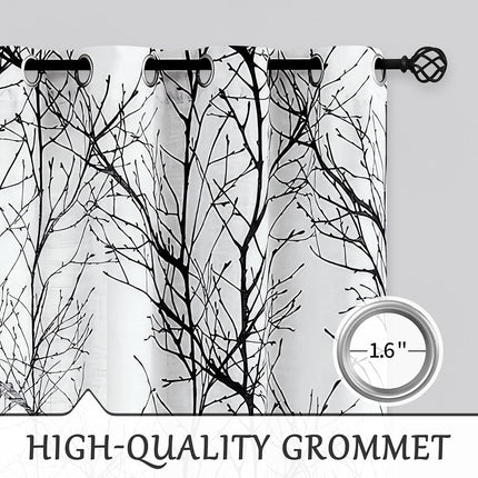 Fmfunctex Linen Semi Sheer Curtains for Bedroom, Black White Curtains 96 Inches Long for Living Room, Grey Tree Branch Patterned Curtain Light Filtering Farmhouse Window Drapes, Grommet Top 2 Panels