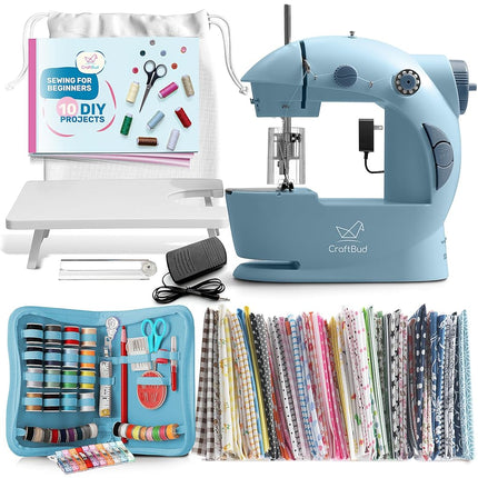CraftBud Mini Sewing Machine for Beginners, Small Portable Double Speed Sewing Machine for Kids and Adults with Extension Table, 122 Pieces Gift Set Including Fabrics, One