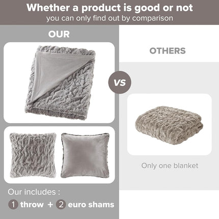 Comfort Spaces Luxurious & Fuzzy Soft Ruched Faux Fur Plush Throw Blanket Set with 2 Matching Square Pillow Covers, for Sofa,Chair, Couch, Living Room, Home Office, Grey 50"x 60"