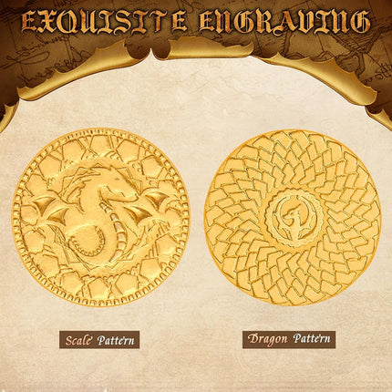 Byhoo 50 PCS DND Fantasy Metal Gold Coins & Leather Pouch for Dungeons & Dragons Novelty Tabletop RPG Board Games Tokens Treasure Coins for Party Tablelap Games Accessories Addons Medieval Game
