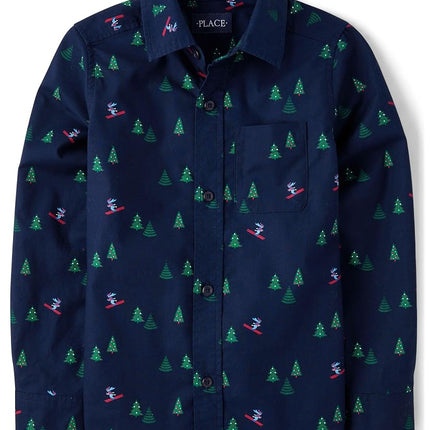 The Children's Place Boy's Long Sleeve Button Down Shirts, Tidal Trees, Small