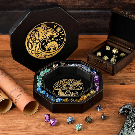 Premium Dice Tray for DND, Detailed World Tree & Wolf Raven Design – 23 CM