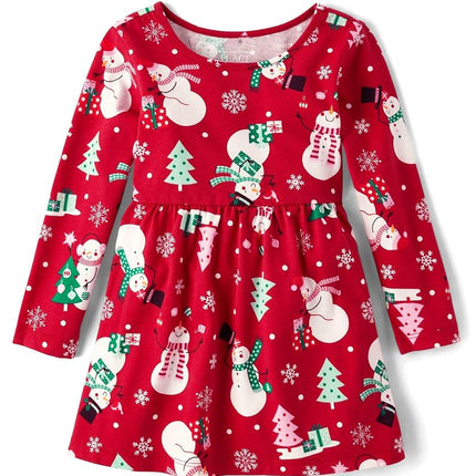 The Children's Place and Toddler Long Sleeve Casual Dresses Player OutfitBaby-Girls, Christmas Snowman Print, 12-18 Months