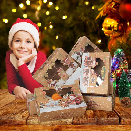 Lot de 12 boîtes à biscuits de Noël, boîtes à friandises pliables avec fenêtre, pour pâtisseries, cupcakes, bonbons et cadeaux, boîtes de boulangerie en kraft de qualité alimentaire, boîtes à biscuits Renne Père Noël, style A