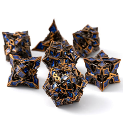 Metal Dice for DND - Spire Sanctum Series (Antique Gold Blue Glitter)