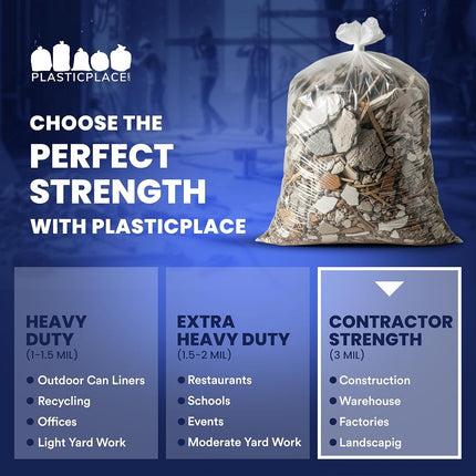 Plasticplace Contractor Trash Bags 42 Gallon │ 3.0 Mil │ Clear Heavy Duty Garbage Bag │ 32.6” x 46.4” (50 Count)