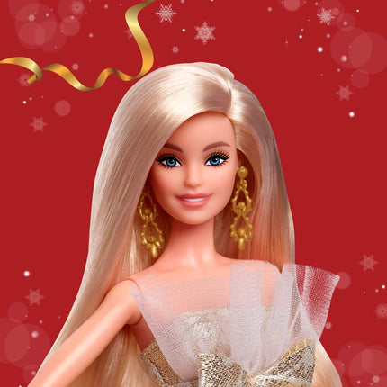 Barbie Signature Doll, 2025 Holiday Barbie Blonde Fashion, Wearing Silver & Gold Gown, Seasonal Collector in Displayable Packaging & Stand, JBJ00