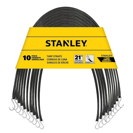 STANLEY S300421 Black 21" All-Weather Rubber Bungee Cords with S-Hooks for Securing Tarps, Flatbed Hauler and Boat Covers, Storage, and Cargo, 10 Pack