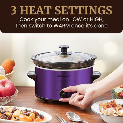 Elite Gourmet MST-275XP# Electric Oval Slow Cooker, AdjCatable Temp, Entrees, Sauces, Stews & Dips, Dishwasher Safe Glass Lid & Crock (2 Quart, Purple)