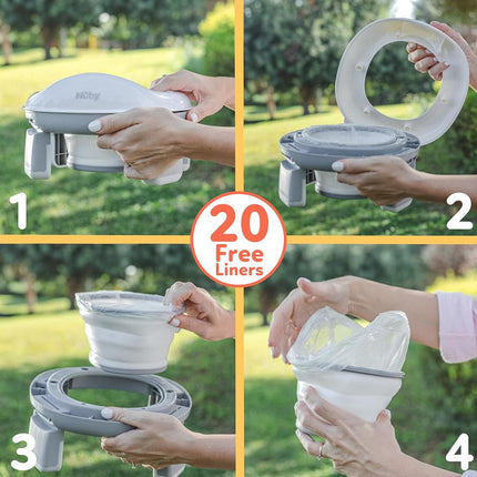 Nuby Go Potty Portable Toddler Toilet, Non-Slip, Travel Ready, Splash Guard, Suitable for 18+ Months (20 Disposable Bags Included)