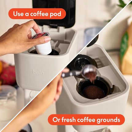 Cafetière individuelle Bella, compatible avec les dosettes K-Cup et le café moulu, avec plateau égouttoir amovible et réglable, arrêt automatique et accessoires réutilisables lavables au lave-vaisselle, infuse de 6 à 14 oz