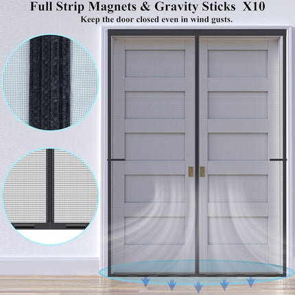 Mpmedo Magnetic Screen Door Upgraded-Model Full Strip Magnets,Reinforced Heavy Duty Fiberglass Mesh Sliding Door,Full Frame Seal Retractable French Closure for Patio Black Fit Door Size to 72''x 80''
