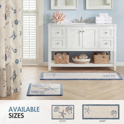 Madison Park Bayside 100% Cotton Tufted Non-Slip Absorbent Ultra Soft Seashells Beach Style Bath Mat Bathroom Rugs, 21X34 Inches Blue